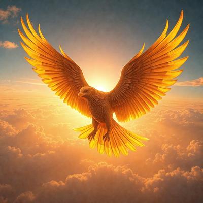 Primary subject: A bird with a yellow and orange color scheme, flying in the sky.

Setting/background: The bird is flying through a cloudy sky, with a sunny background.

Visual style: The bird is depicted as a digital art or illustration, giving it a vibrant and lively appearance.

Colors and mood: The bird's color scheme is predominantly yellow and orange, creating a warm and inviting atmosphere.